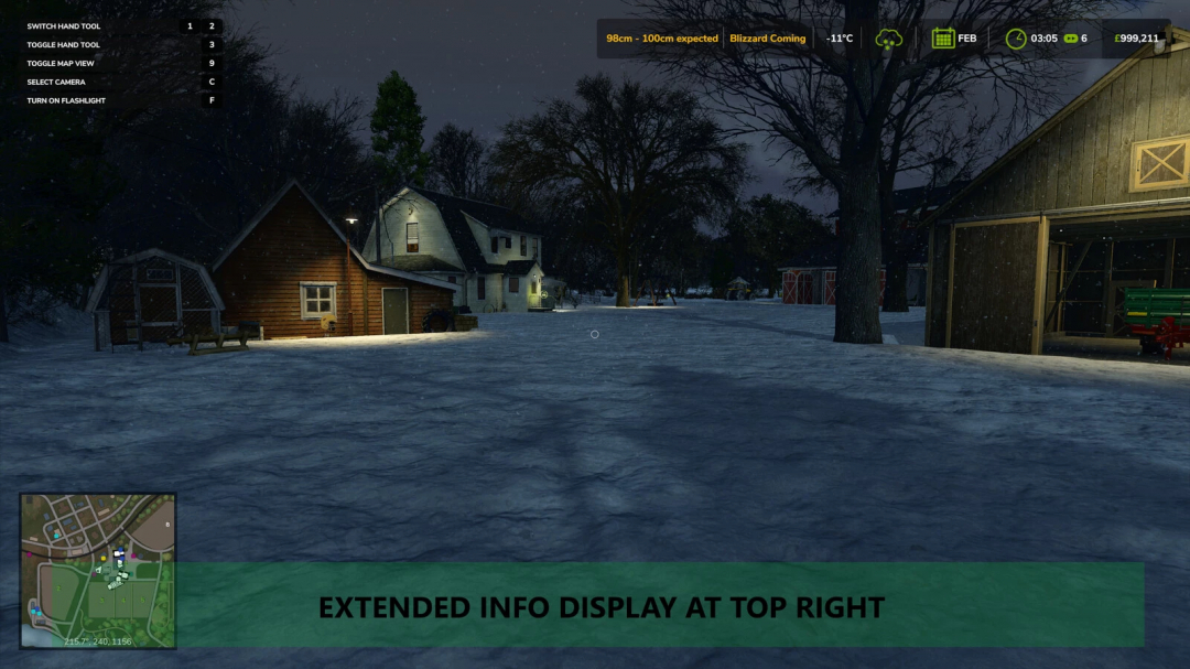 FS25 Realistic Weather mod showing snowy farm scene at night with extended info display.