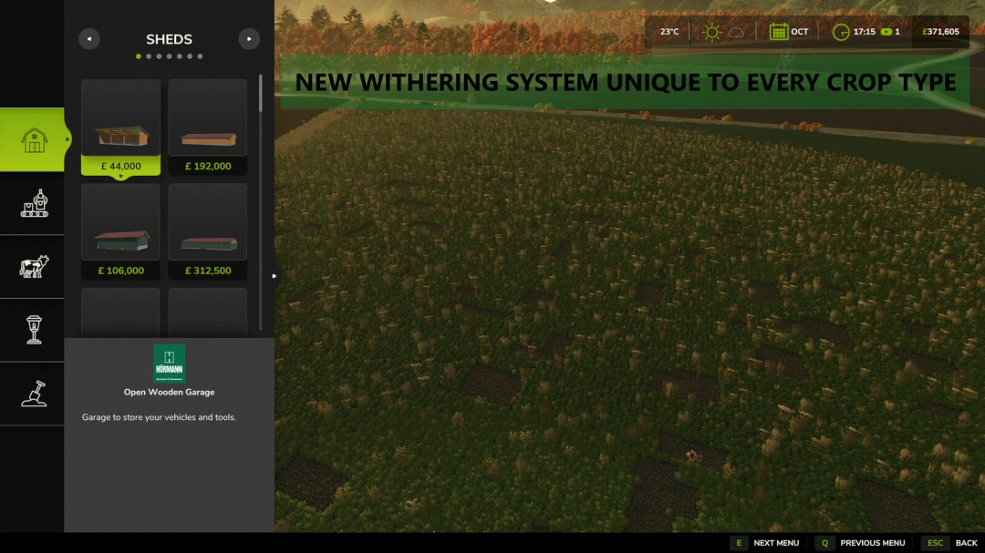 FS25 mods interface showing shed options and new withering system for crops.