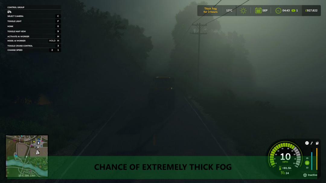 FS25 Realistic Weather mod showing thick fog with controls and map interface, enhancing gameplay ambiance.