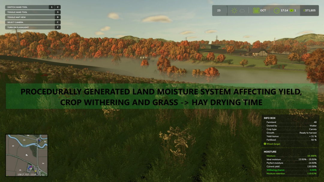 FS25 mod Realistic Weather v1.1.0.0 showcasing land moisture affecting crop yield and hay drying time in autumn landscape.