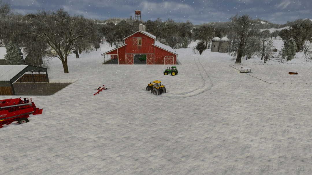 Snowy farm scene in FS25 with tractors and a red barn, showcasing Realistic Weather v1.1.0.0 mod in Farming Simulator 25.