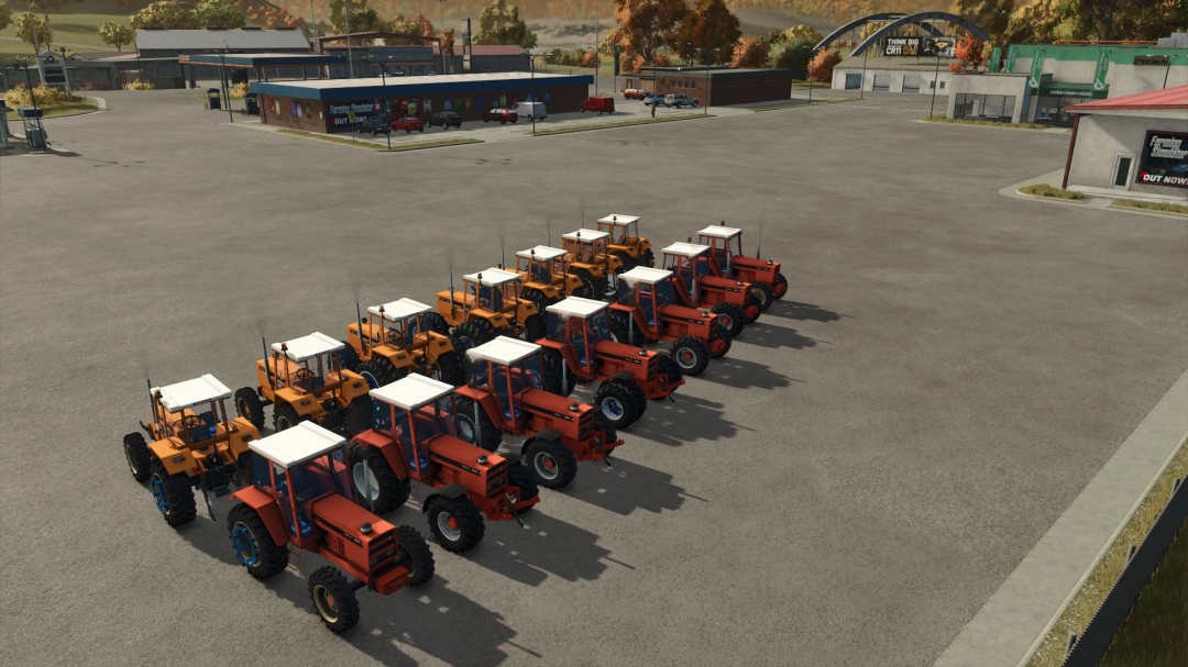 Row of Renault 1181-4 tractors in Farming Simulator 25, showcasing mod features in a large parking area.