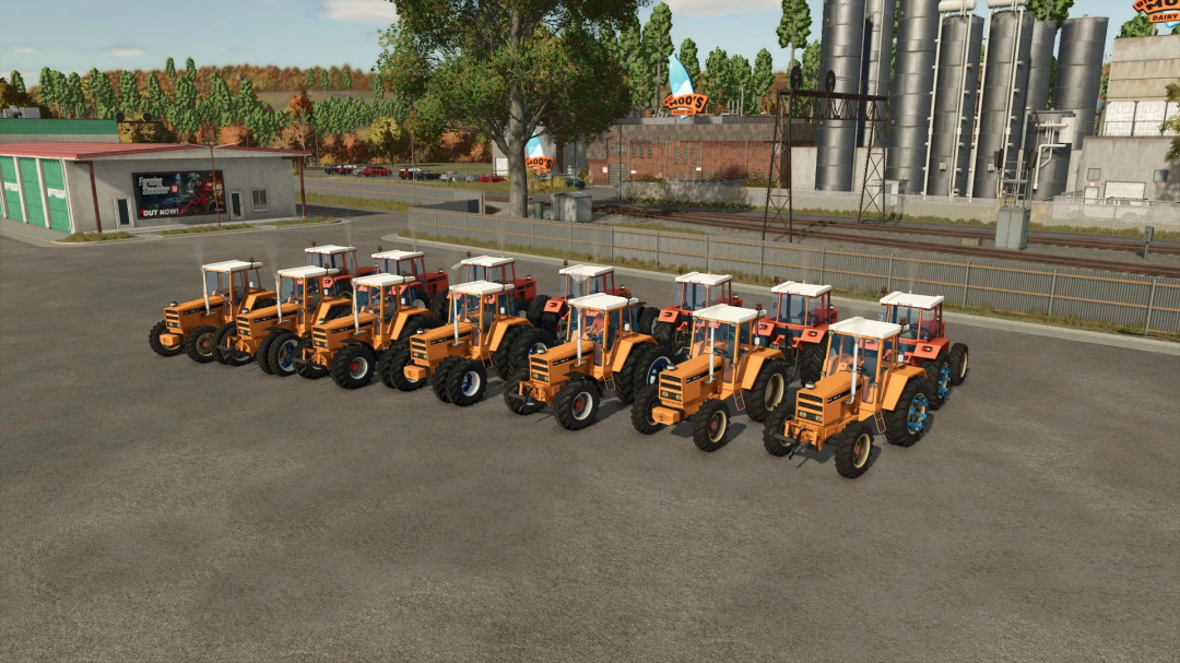 FS25 mod Renault 1181-4 tractors lined up in a parking lot.