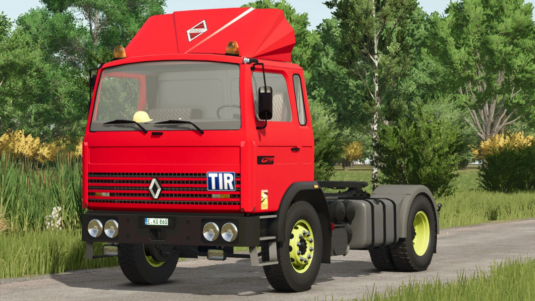 Renault G210 Trucks v1.0.0.0 mod for Farming Simulator 25 showcasing a red truck with green surroundings.