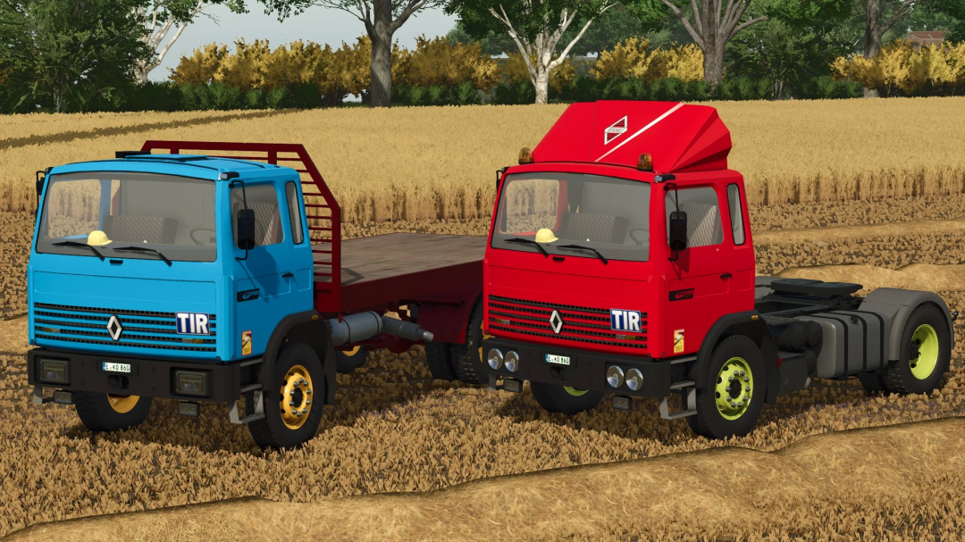 FS25 mods Renault G210 Trucks v1.0.0.0 in blue and red on a field