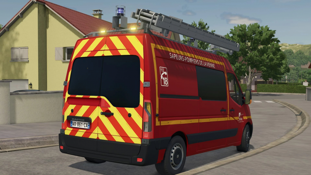 Renault Master III VTU firefighter vehicle mod in FS25 with safety chevrons.