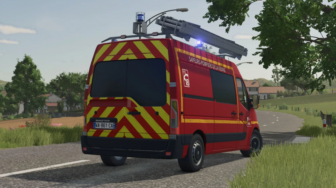 Farming Simulator 25 mod Renault Master III VTU firefighters vehicle on a rural road.