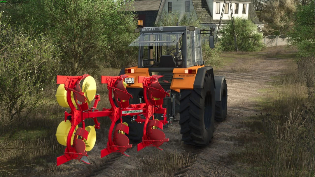 Renault TZ tractor mod in FS25 with red plow attachment, set on a rural dirt path.