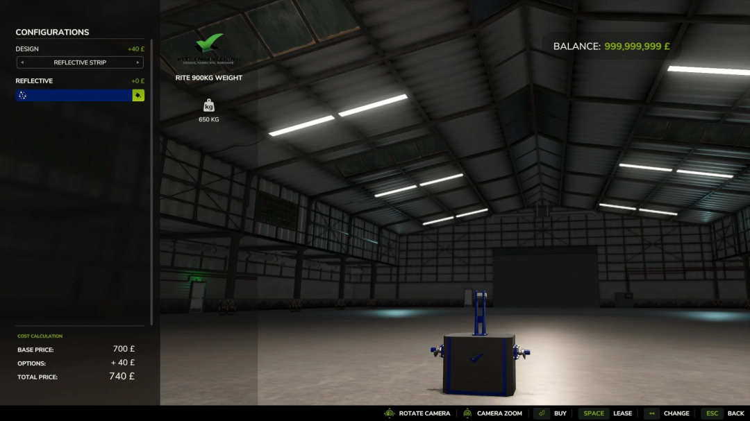 Rite 900kg Weight mod in FS25 showing configuration options and pricing in a warehouse.