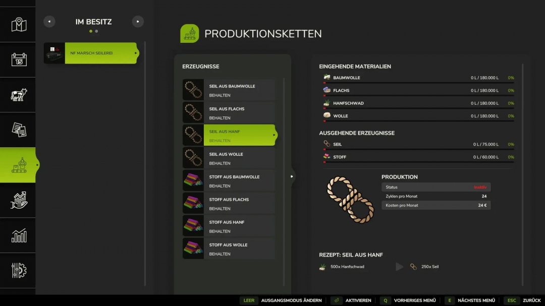 FS25 mod interface showing rope and fabric production options in NF-Marsch Edition v1.0.0.1.