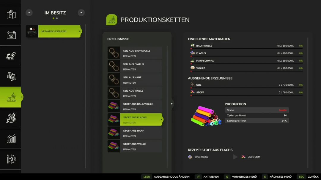 FS25 mod interface showing Rope and Fabric Production options from various materials.