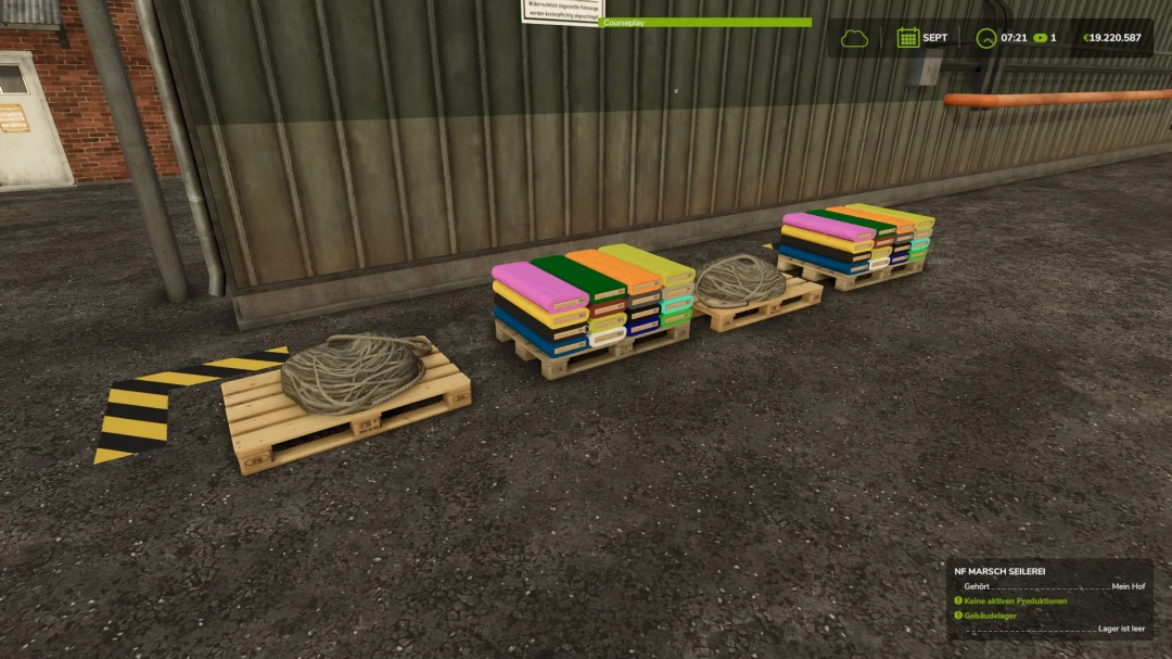 FS25 mod: Rope and fabrics on pallets in Rope and Fabric Production NF-Marsch Edition v1.0.0.1.