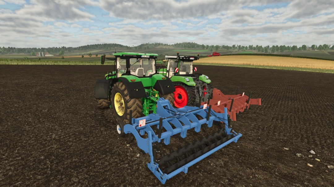 Two green tractors with SHGN-4 mod attached, Farming Simulator 25 mods in action on a field.