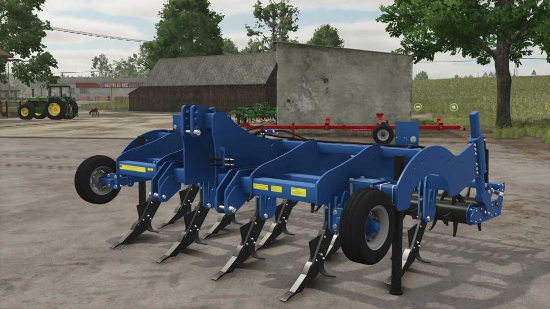 SHGN-4 mod for Farming Simulator 25, a blue plow on a farm with a tractor and barn in the background. FS25 mods enhance gameplay realism.