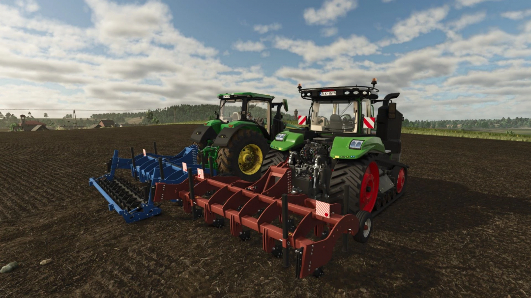 Two tractors with SHGN-4 mod attachments in FS25, showcasing farming equipment on a field under a cloudy sky.