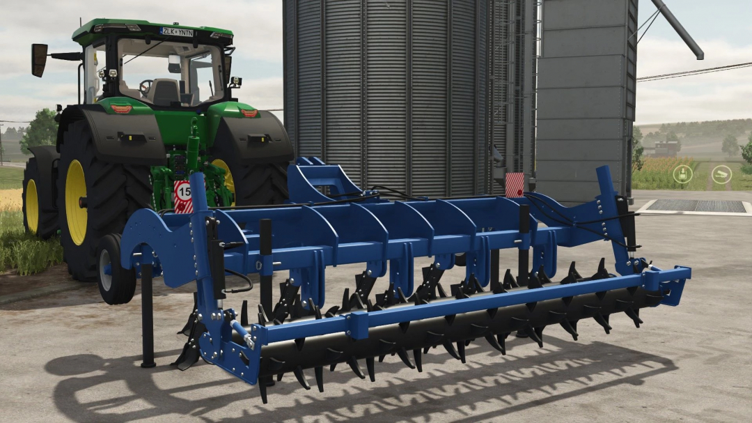 Farming Simulator 25 mod SHGN-4 v1.0.0.0 showing a blue agricultural implement attached to a green tractor.