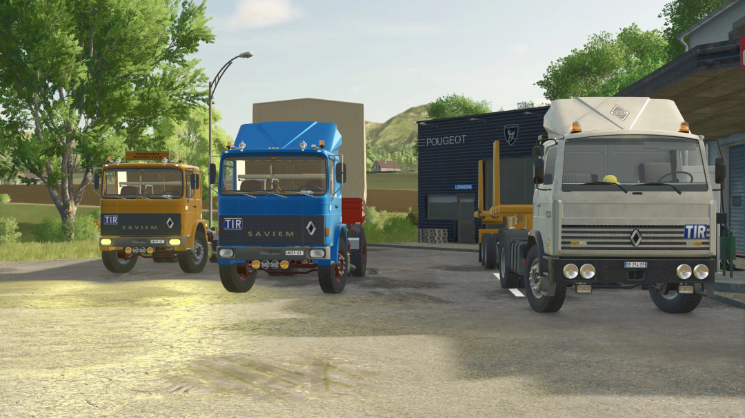 Three Saviem PS30 trucks in Farming Simulator 25 mod, parked with varied colors near a building.