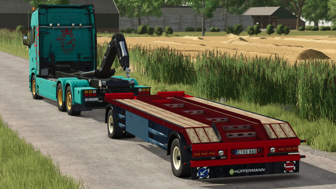 Scania S HKL with Hueffermann HKL trailer in FS25 mod, on a rural road.