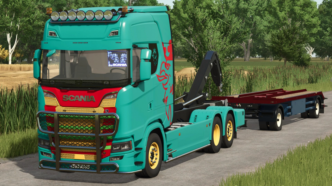 Scania S HKL truck with Hueffermann HKL trailer in FS25 mod, set on a rural road with trees.