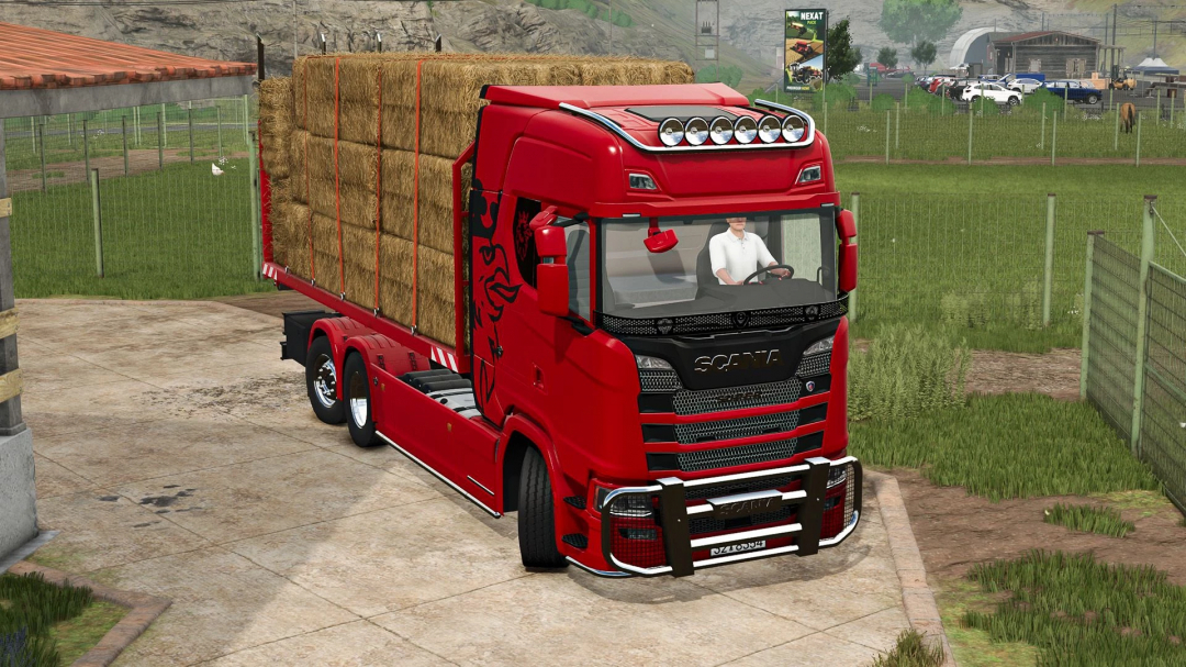 Red Scania S Hooklift truck carrying hay bales in FS25 mod, Farming Simulator 25.