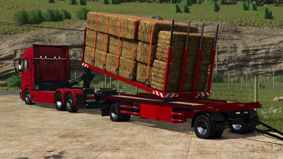 FS25 mod: Scania S Hooklift v1.0.1.0 loaded with hay bales on a rural road.