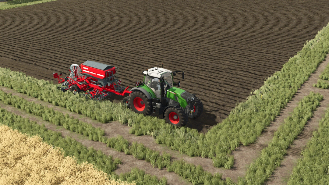 Tractor using Seeds Addon mod on farmland in Farming Simulator 25.