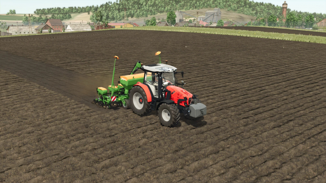 Tractor planting seeds with Seeds Addon mod in Farming Simulator 25, cultivating a large plowed field.