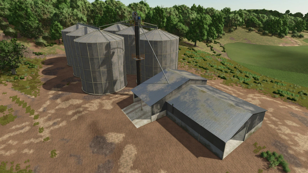 Image of Silo Deep Ranch mod for Farming Simulator 25, featuring six large silos and a shed in a rural area.