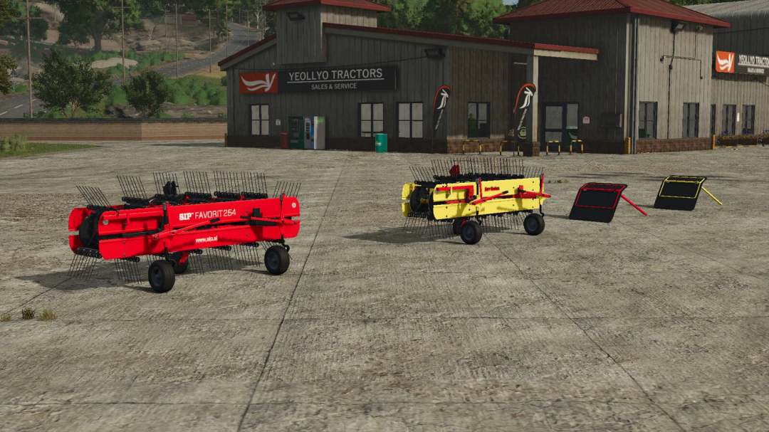 FS25 mod Sip Favorit 254 v1.0.0.0 in front of Yeollyo Tractors store in Farming Simulator 25.