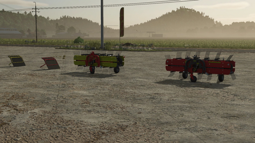 Sip Favorit 254 mod in FS25, showcasing two rakes with detailed design on a farm landscape.