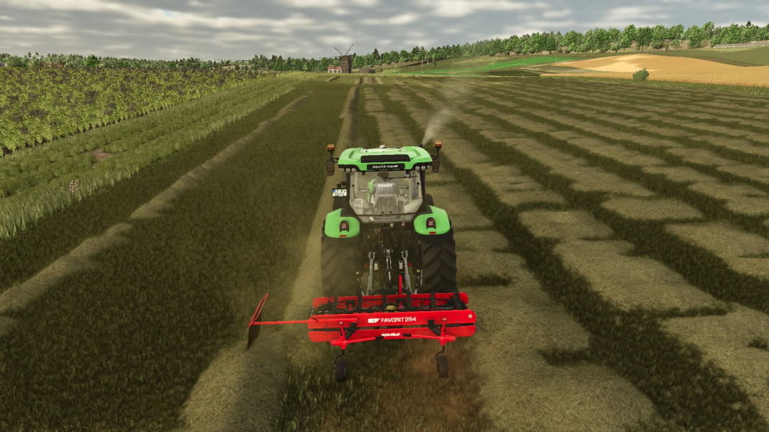 FS25 mod Sip Favorit 254 in action, attached to a tractor, working in a field