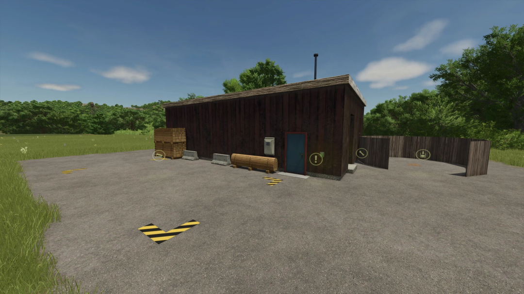 Image of Small Sawmill mod in FS25 featuring a wooden building with logs and lumber in a forest setting.