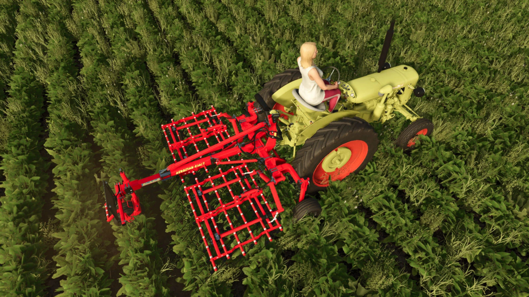 FS25 Small Tools Package mod features a tractor with a red cultivator working in a green field.