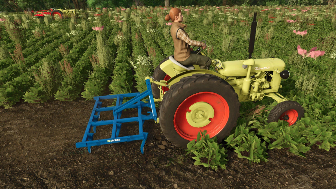 A tractor with a blue tool attachment in FS25 Small Tools Package mod, working in a green field.