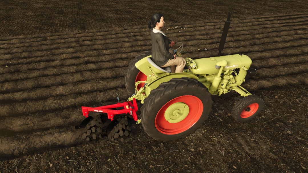 Farmer using Small Tools Package mod in Farming Simulator 25, driving a green tractor with red plow, tilling soil.