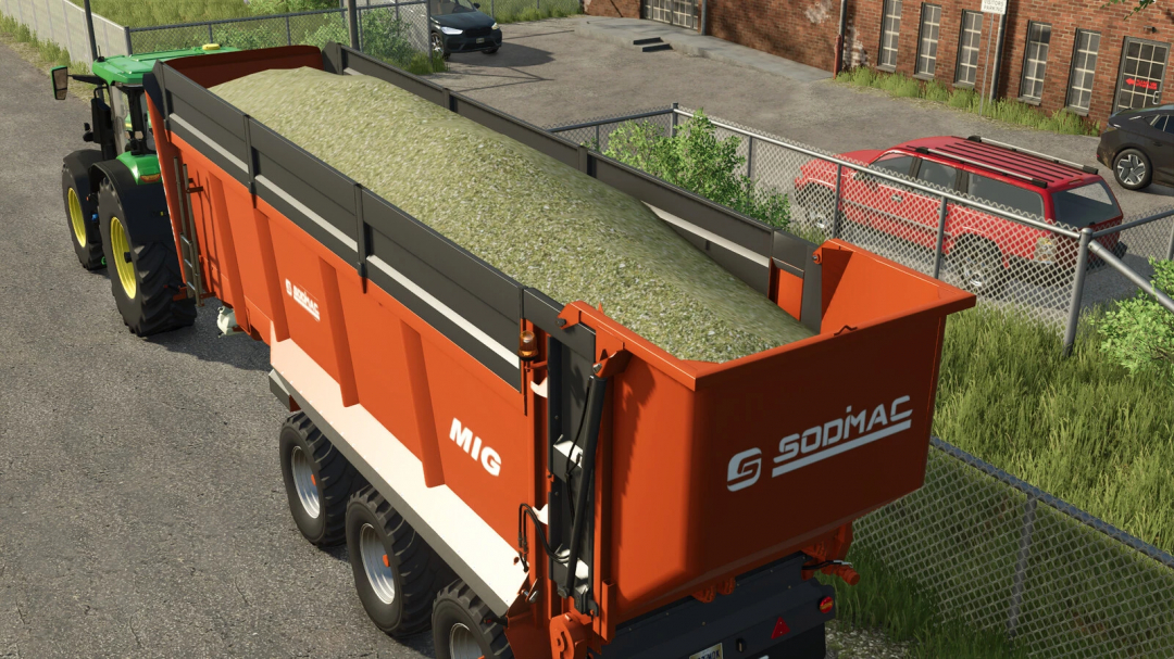 FS25 mod image showing Sodimac MIG 8800 trailer filled with grass in Farming Simulator 25.