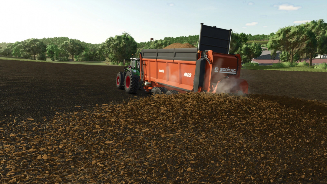 Sodimac MIG 8800 in Farming Simulator 25 spreading soil in a field, featuring FS25 mods.