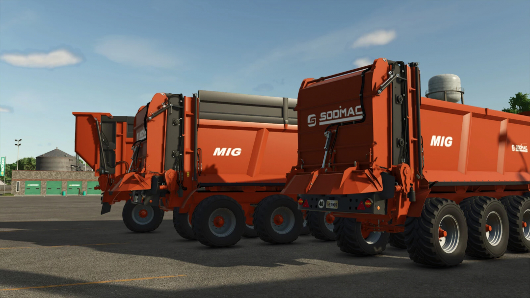 Sodimac MIG 8800 mod in FS25 showing orange trailers in a parking area.