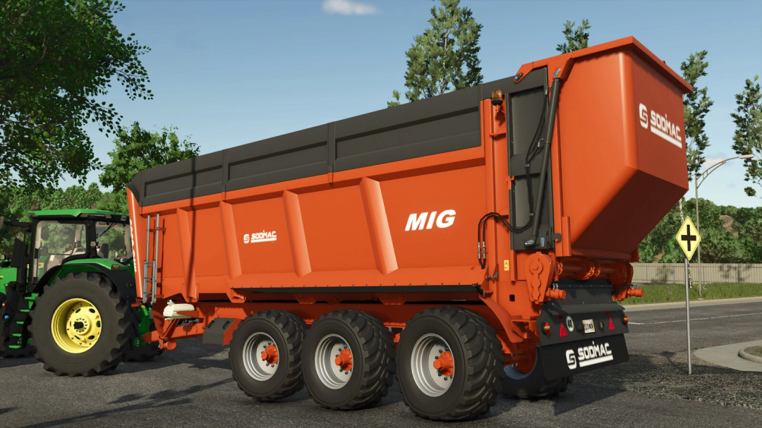 Sodimac MIG 8800 trailer in FS25 mod, attached to a green tractor, showcasing detailed design.