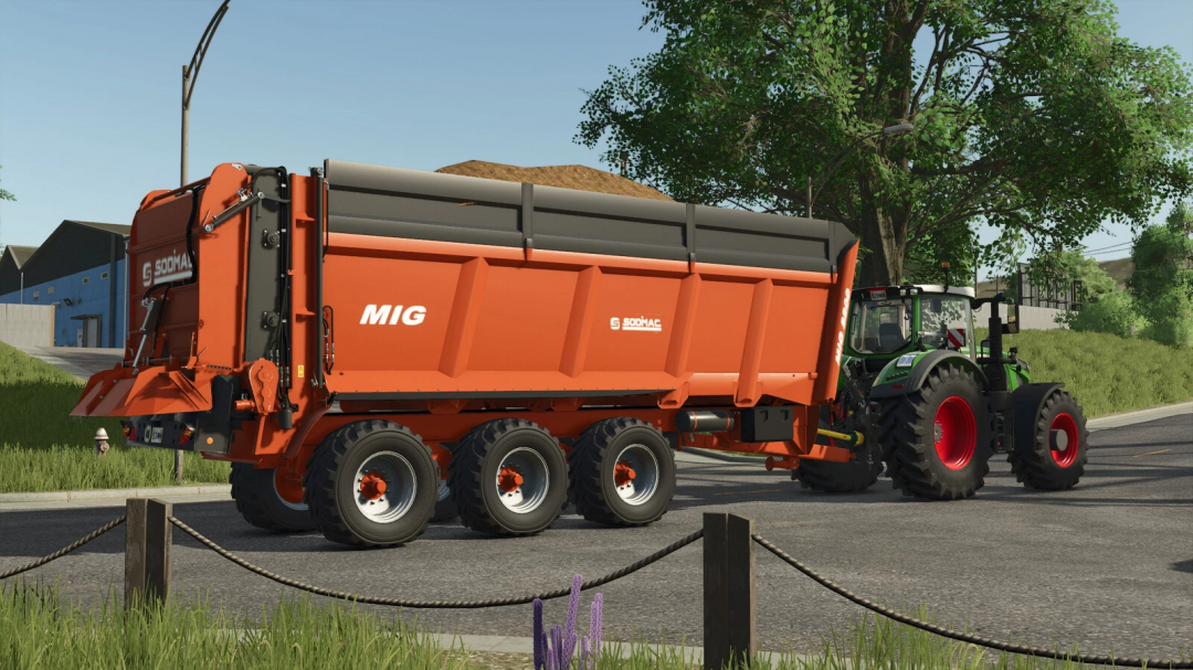 Sodimac MIG 8800 trailer mod in FS25, attached to a tractor, on a rural road.