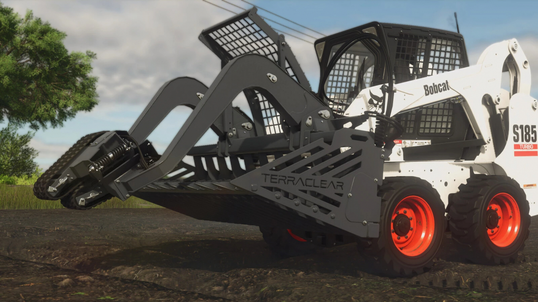 FS25 mod TerraClear TC100 attached to skid steer loader on a farm.