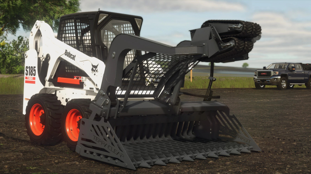 FS25 mod TerraClear TC100 v1.0.0.0 on Bobcat with a black attachment, displayed in a farm setting.