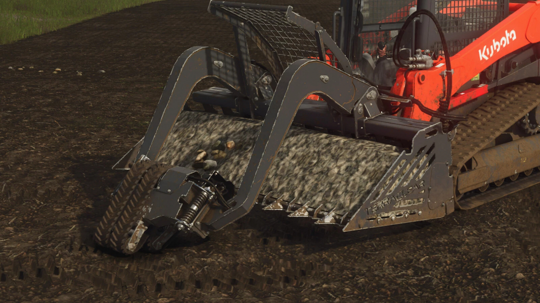 FS25 mod TerraClear TC100 removing rocks from soil, enhancing Farming Simulator 25 gameplay.