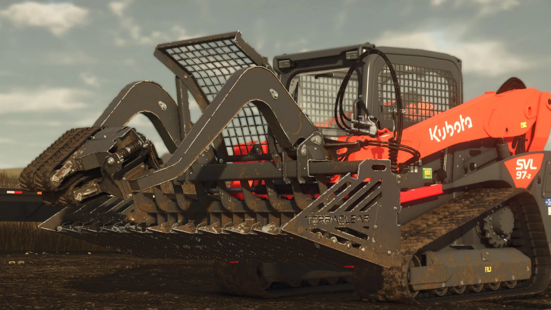 FS25 mod TerraClear TC100 v1.0.0.0 on a Kubota SVL97-2 track loader.