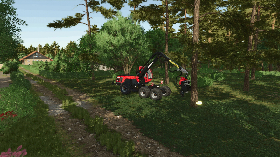 FS25 mod The Risoux Forest v1.0.0.0 showing a forestry vehicle in a dense green forest with a house in the background.