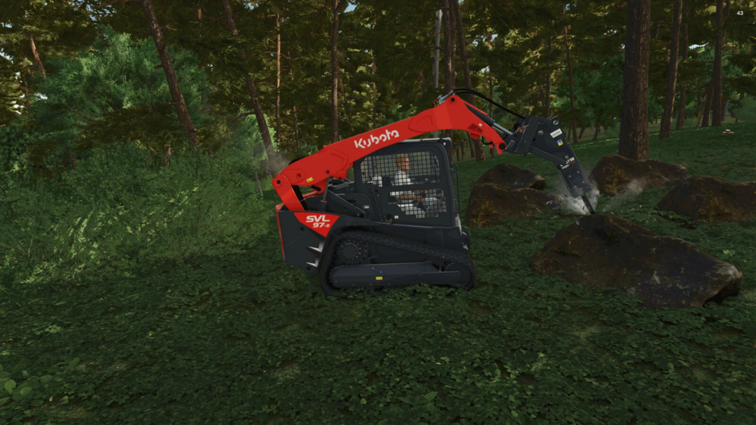 Kubota skid steer in FS25 mod, The Risoux Forest, uses a rock breaker in dense woodland.