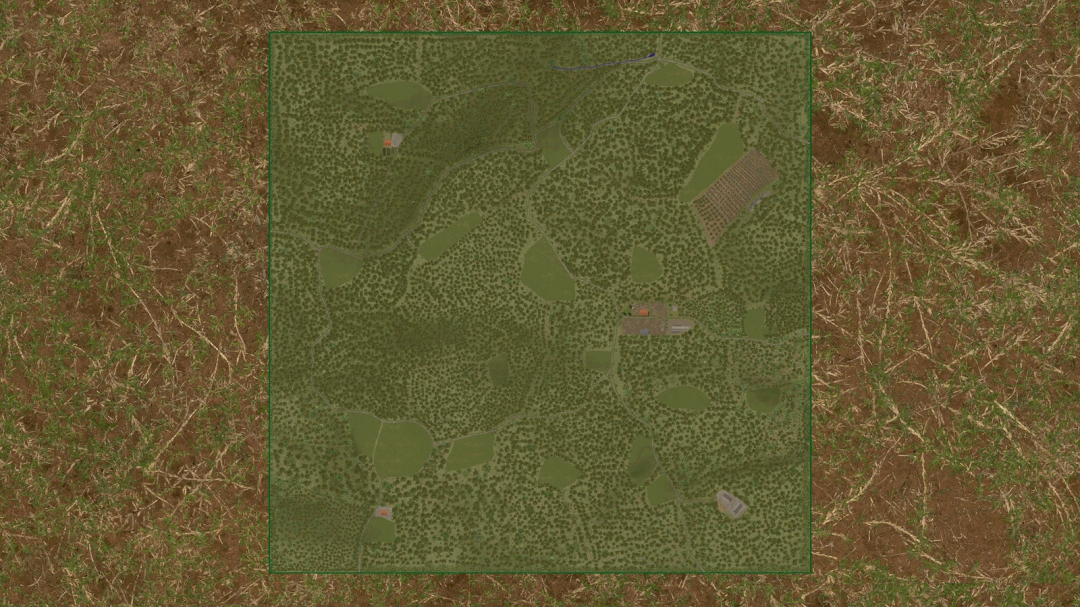 Top-down view of The Risoux Forest map mod in Farming Simulator 25, featuring dense forest and fields.