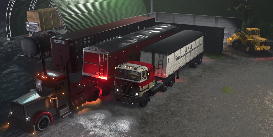 Transtar trucks and trailers parked in FS25 mod scene, Farming Simulator 25 mods showcased.