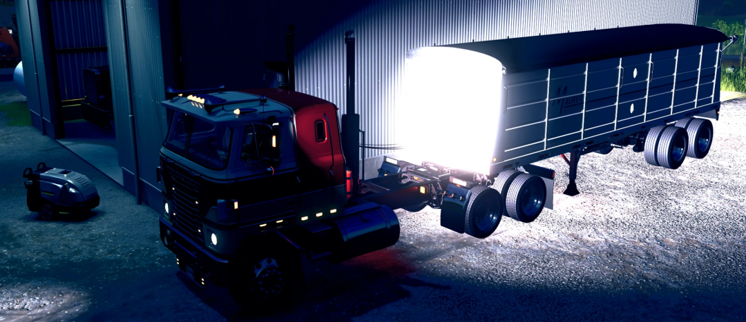 FS25 mod Transtar truck with trailer at night lighting up surroundings