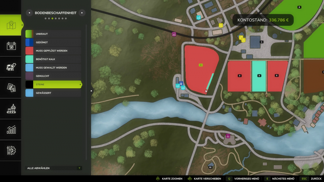 Farming Simulator 25 map showing field conditions; highlights fields needing work such as weeding and plowing. FS25 mods feature for Vibro Plus v1.0.0.0.